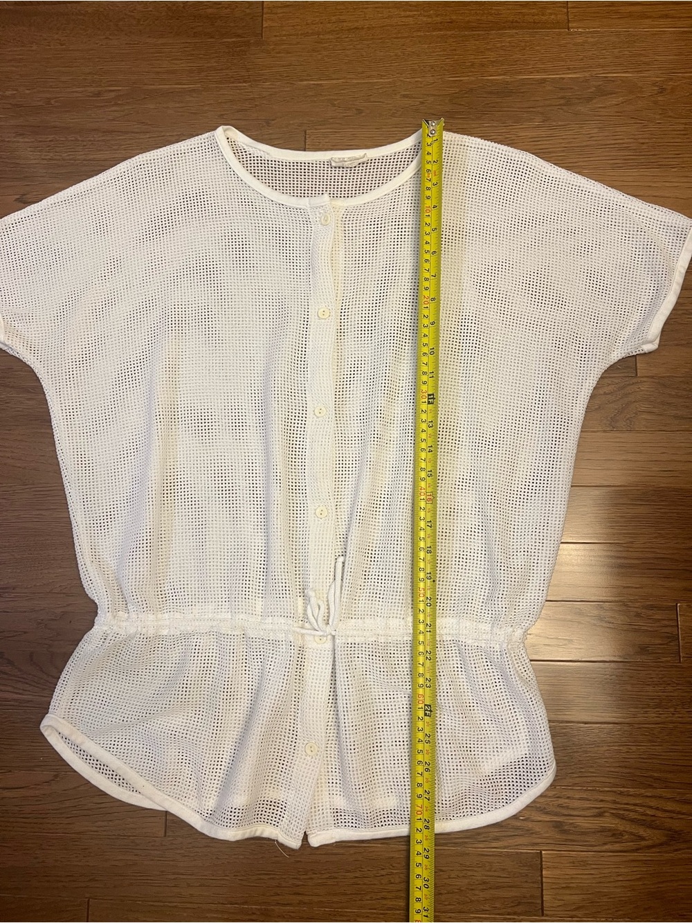 White Short-Sleeve Button-Front Drawstring Mesh Top/Bathing Suit Cover - Picture 5 of 8